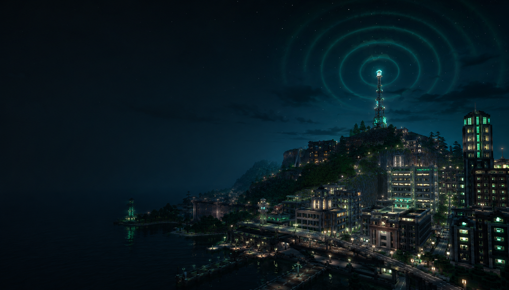 Minecraft-style night city scene with radio tower