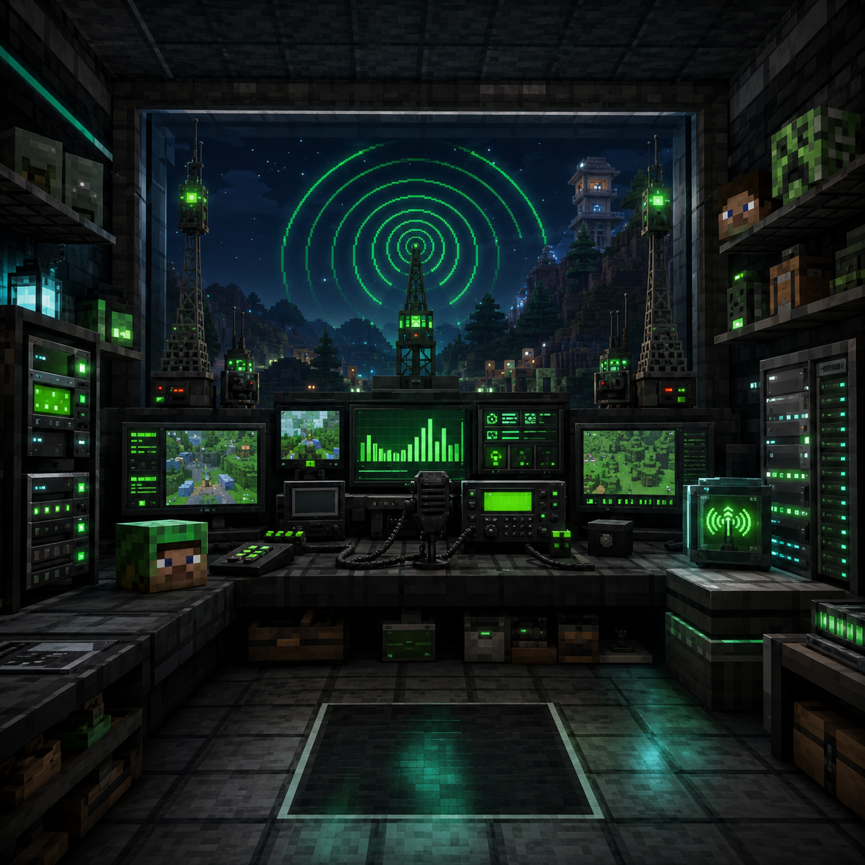 Minecraft-style radio control room